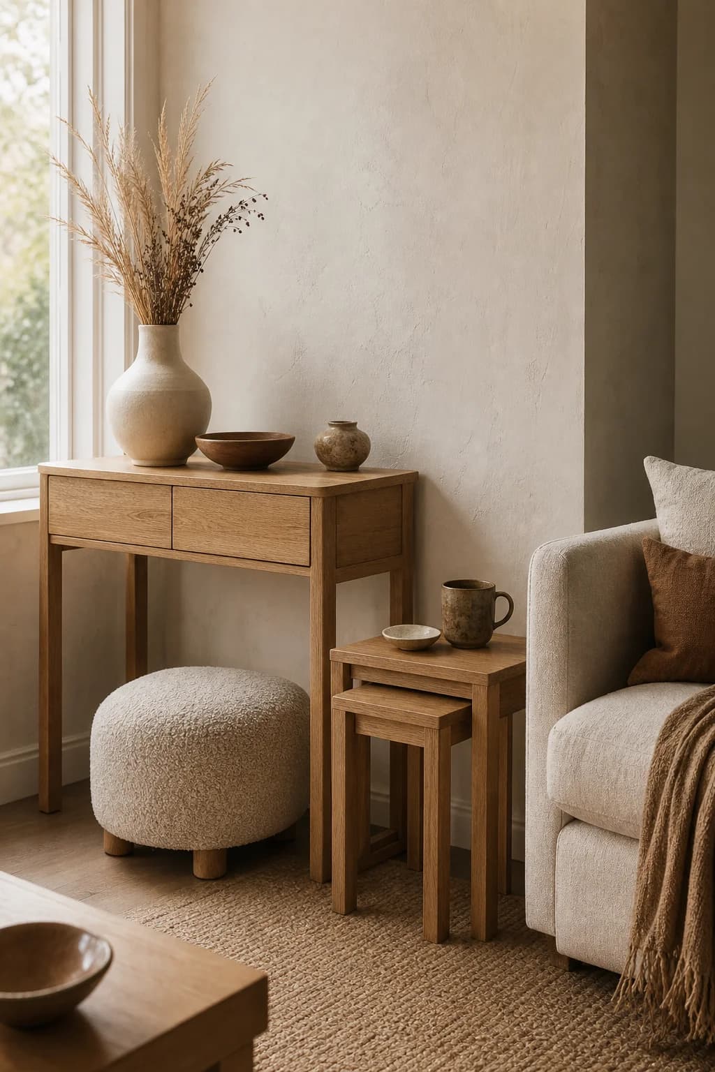 A calm living room with an oak console table, footstool and nest of tables